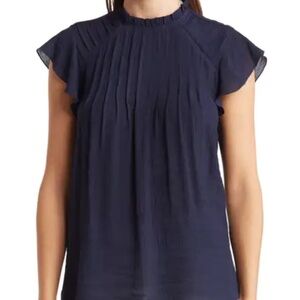 Nanette Lepore Blouse Womens Navy Blue Pleated Flutter Sleeve Keyhole Top XL NEW